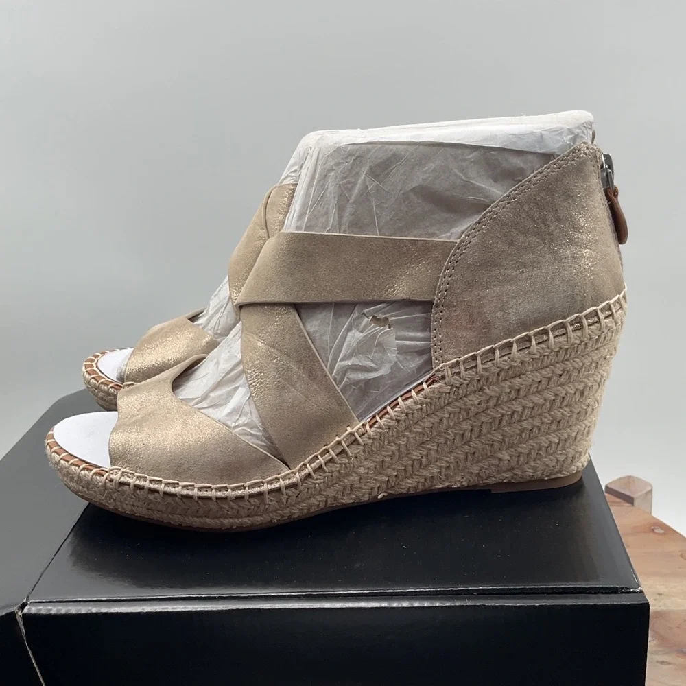 Gentle souls Corinne Wedge Metallic Champagne Leather Espadrille Sandals 9M